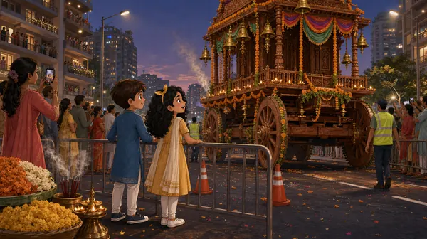 A temple chariot rolling past at dusk.