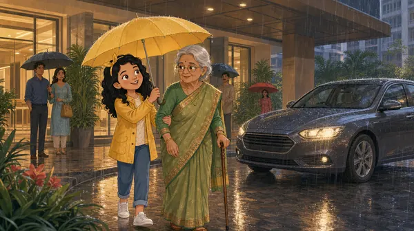 Ria sharing an umbrella with her grandmother in the rain.